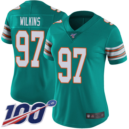 Nike Miami Dolphins 97 Christian Wilkins Aqua Green Alternate Women Stitched NFL 100th Season Vapor Limited Jersey